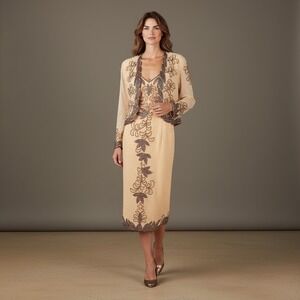 Gagni Beaded Silk Dress and Jacket Set Formal Evening Wear Peach PL